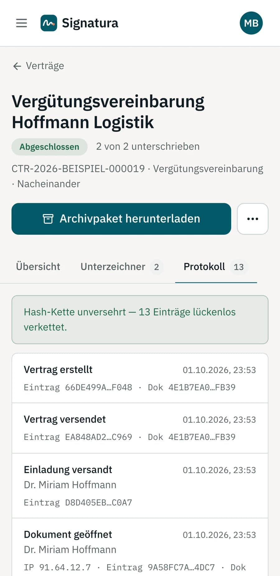 Protokoll eines abgeschlossenen Vertrags