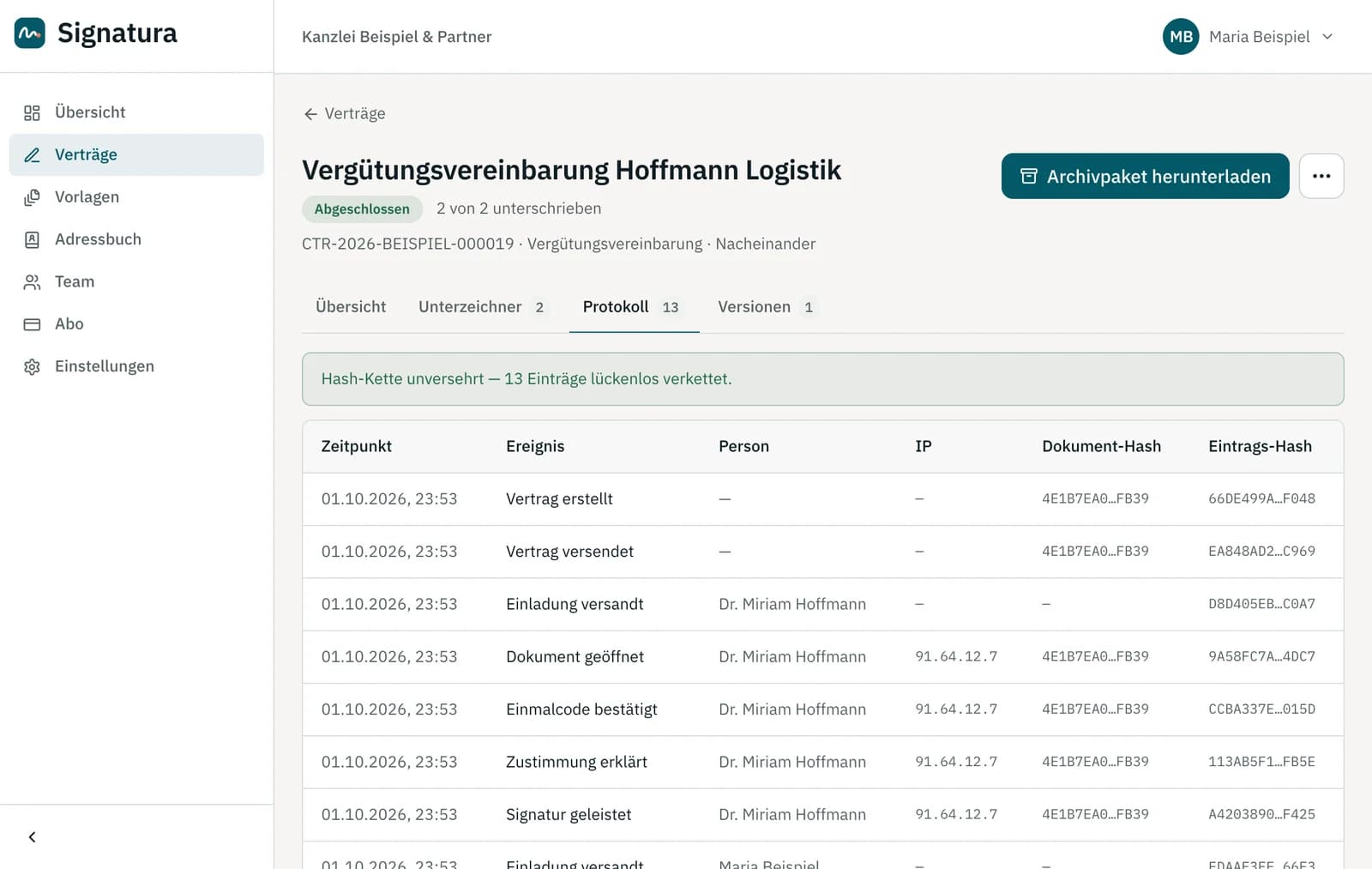 Protokoll eines abgeschlossenen Vertrags